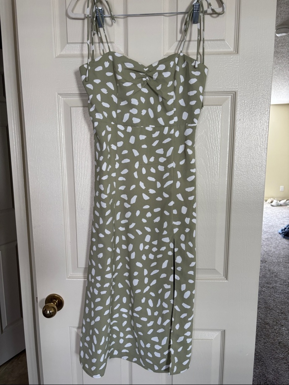 Lulu's Olive Green & White Spotted Tie-Strap Midi Dress